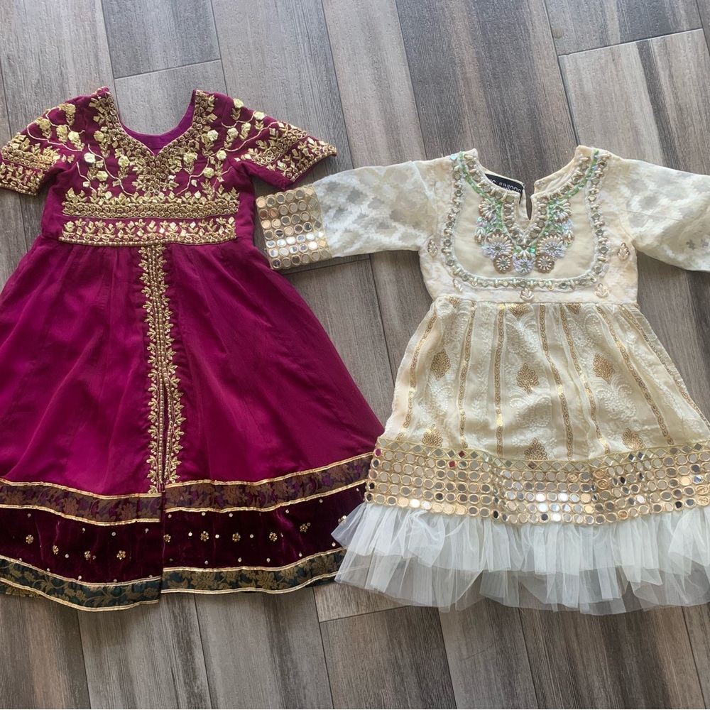 Girls Embroidered Maroon & Cream Party Dresses with Gold Accents